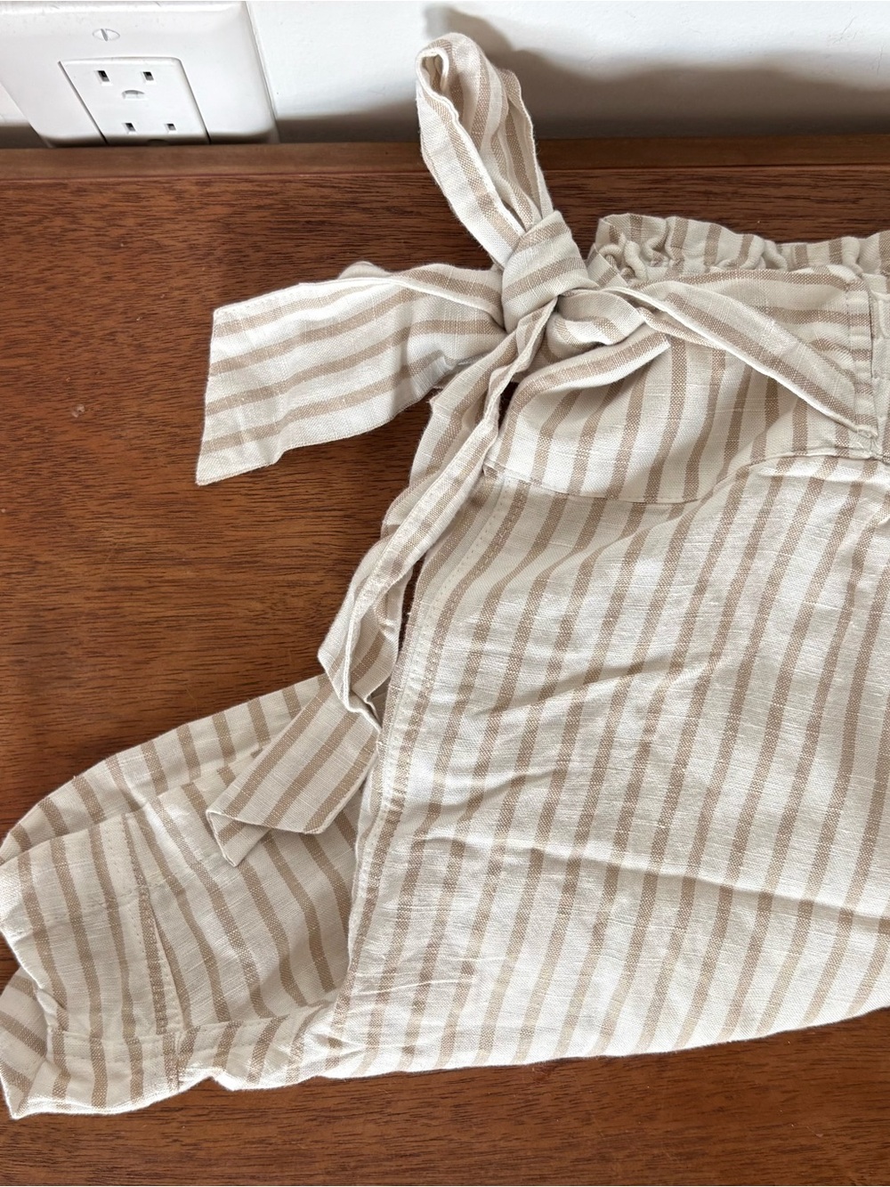 UpWest Beige and White Striped Tie-Waist Linen Shorts